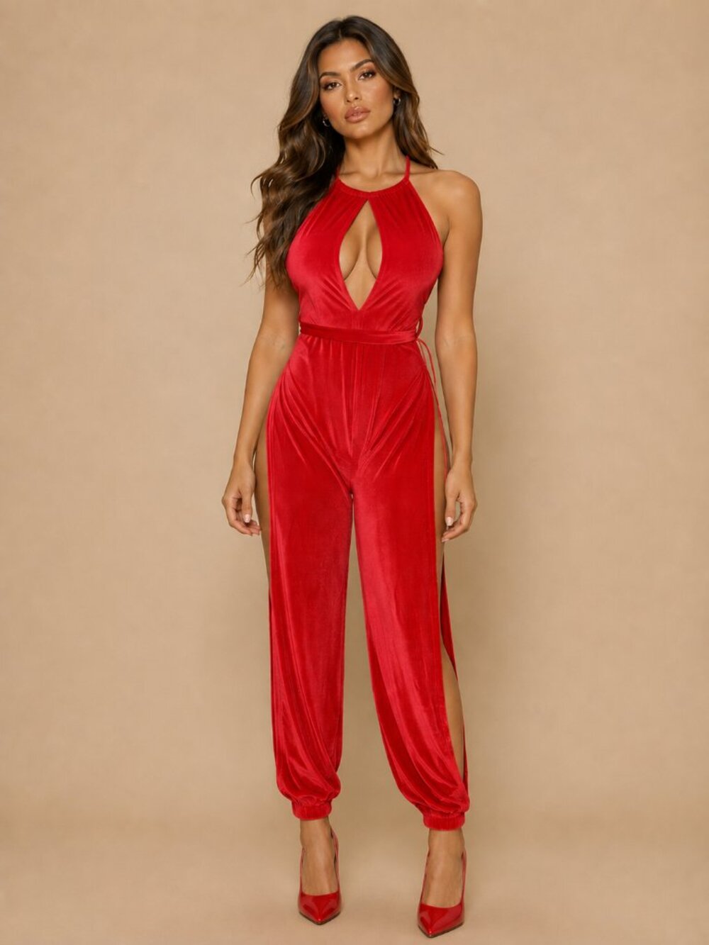 Red Brushed Ribbed Open Side & High-Slit Halter Jumpsuit